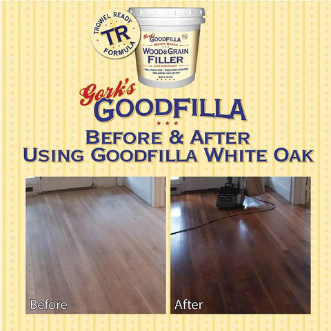 Premium Water Based Wood Grain Filler Ebony One Gallon Trowel Ready Quick Drying applied before and after on wood floors.