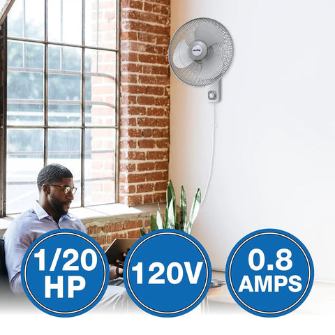 Commercial Grade Oscillating 16 Inch Wall Mount Fan With 17100 CFM Airflow For Workshops Gyms Stores Classrooms And Offices Beefy Heavy Duty Adjustable Oscillation Easy Mounting 9016 Model installed on wall in room