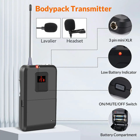 Bodypack transmitter for Dual UHF Wireless Lavalier Microphone System With Auto Scan, 200 Channel Tuning, Long Range Up To 240 Feet