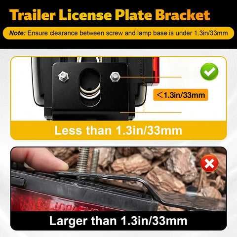 Heavy Duty Aluminum Trailer License Plate Bracket Frame With Universal Mounting Kit Rustproof Hardware For Trucks Trailers RVs And Boats showing clearance measurements.