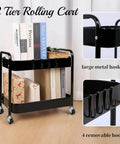 Two Tier Metal Rolling Utility Cart With Wheels For Under Desk Storage And Home Office Organization in black, loaded with books and boxes.