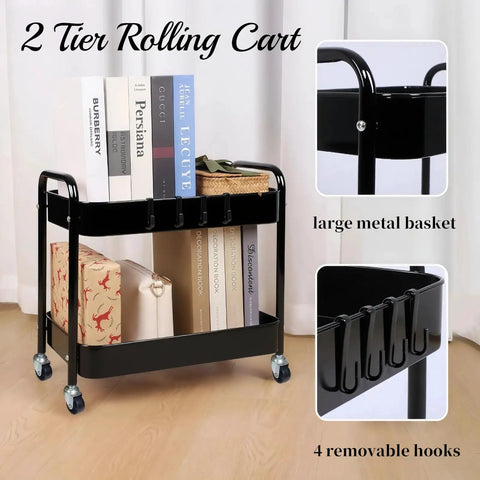 Two Tier Metal Rolling Utility Cart With Wheels For Under Desk Storage And Home Office Organization in black, loaded with books and boxes.