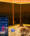 82Ft LED Strip Lights With Dope Music Sync RGB Color Changing Built In Mic Bluetooth App Control And Remote Sound Reactive Mood Lighting For Living Room And Kitchen illuminating a bedroom corner with a phone app interface.
