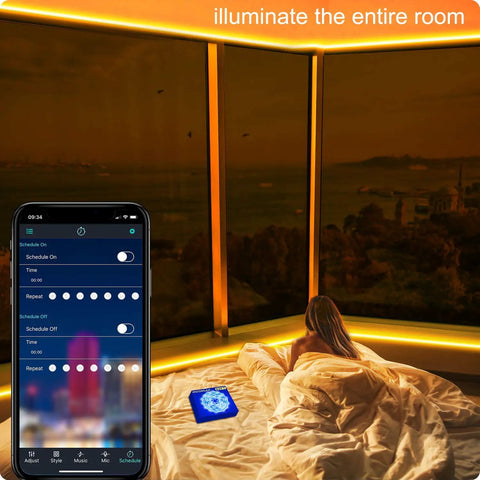 82Ft LED Strip Lights With Dope Music Sync RGB Color Changing Built In Mic Bluetooth App Control And Remote Sound Reactive Mood Lighting For Living Room And Kitchen illuminating a bedroom corner with a phone app interface.