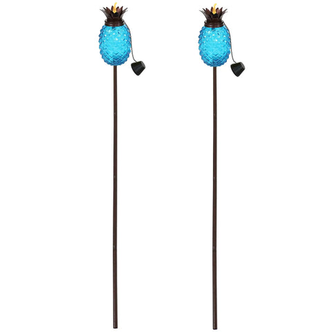 Tropical Pineapple Glass Patio Torch Set Of 2 For Outdoor Lawn Garden Deck And Backyard Lighting 63 Inch Tall Pineapple Vessel Blue Close-up