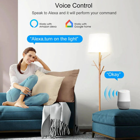 Woman using High Power 30A WiFi Smart Switch 110V 120V 240V With App Remote And Timer for voice control with Alexa and Google Home