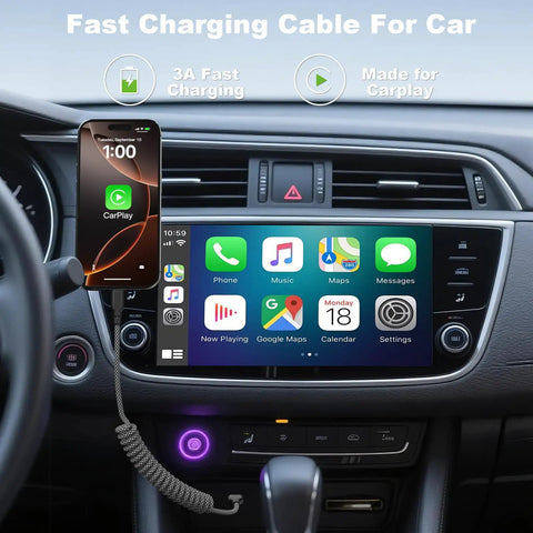 Retractable Braided USB A To USB C Car Charger Cables 3 Ft ultra fast charge in car dashboard with smartphone and screen