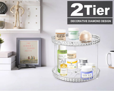 Two Tier Clear Diamond Lazy Susan Bathroom Organizer With Hella Smooth 360 Rotating Base featuring skincare products on a vanity countertop.