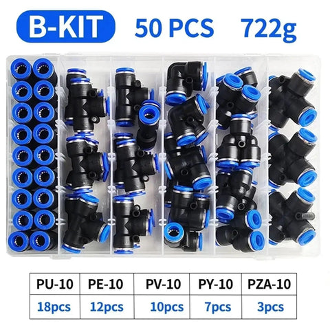 Snazz Up Your Shop With This Awesome 50 Pc Pneumatic Fitting Kit Featuring Quick Push In Air Connectors And Adapters Compatible With 10 Mm Hose Pipe Tube For Fast Compressor And Tool Setup. black 50-piece pneumatic fitting kit, 10mm push-in air connectors in organizer case