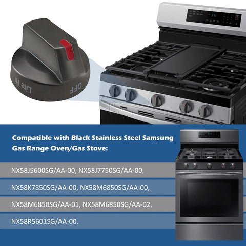Image showing a black stainless Samsung gas range with a focus on a replacement knob, compatible with NX58J5600SG/AA-00 models.