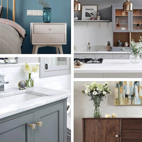 Soft Cream Onyx Cabinet Knobs Six Pack With White Base Modern Drawer Pulls in kitchen, bathroom, and furniture settings