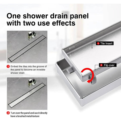 Image showing 28 Inch Linear Shower Drain With Tile Insert 2 In 1 Panels Brushed 304 Stainless Steel Shower Floor Drain With Adjustable Feet And Hair Filters X Groove For Efficient Water Flow