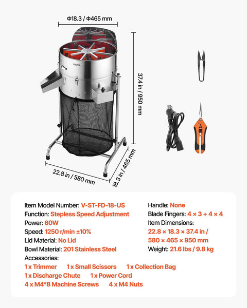 Electric Bud Leaf Trimmer With Tilted 18 Inch Frame Pro Grade Sharp Stainless Steel Blades Adjustable Speed, accessories shown