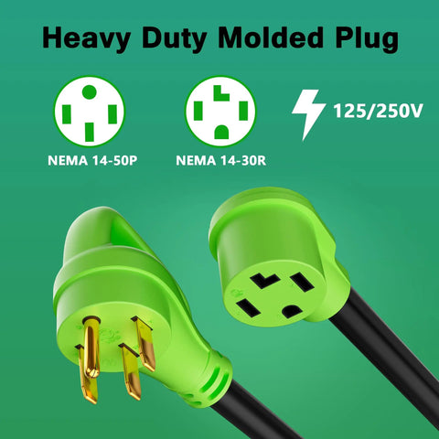 Plug And Play Nema 14-50 To 14-30 Power Adapter Cord showing heavy duty molded plugs for 125/250V connections.