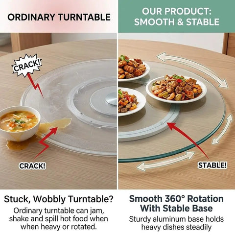 Comparison of ordinary turntable and 360 Degree Silent Spinner Glass Lazy Susan For Tabletop with stable aluminum base.