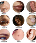 Various piercings including nostril, lip, ear lobe, septum, industrial, tongue, eyebrow, belly, and conch with jewelry shown.
