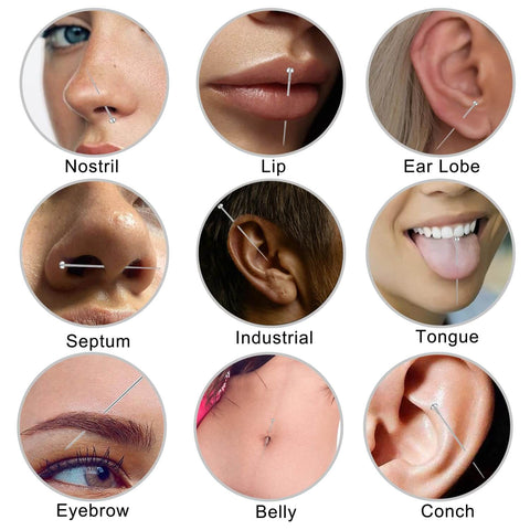 Various piercings including nostril, lip, ear lobe, septum, industrial, tongue, eyebrow, belly, and conch with jewelry shown.