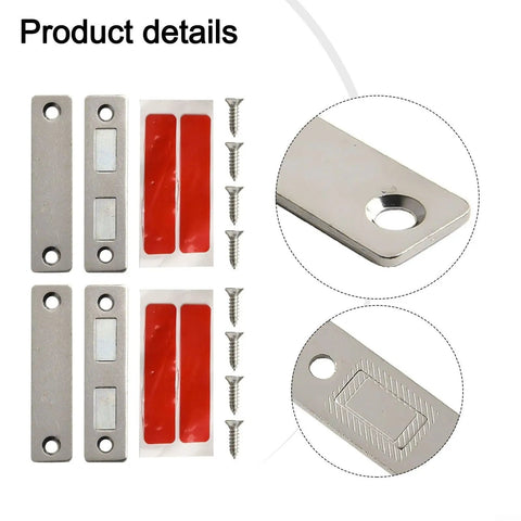 Ultra Thin Magnetic Cabinet Catch for Doors Drawers and Closets, steel plates, magnetic pads, screws, detailed view