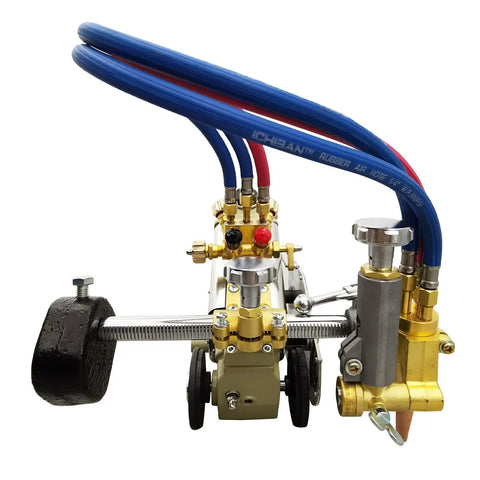 Heavy Duty Portable Gas Cutting Torch With Adjustable Speed Track That Knocks Out Any Metal Cutting Job Fast And Leaves Clean Cuts On Steel Plate Up To One Point Two Inches Thick, featuring gas torch with multiple hoses.