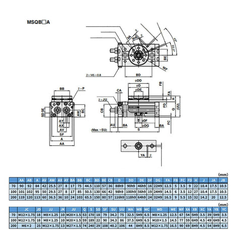 MSQB-10A pneumatic rotary actuator technical drawing with front and side views and dimension table