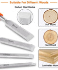 4 Piece Wood Chisel Set With Steel Hammer End And Ergonomic Plastic Handles For Woodworking Includes 6mm 12mm 18mm And 24mm Chisels Pro Grade And Handy For Carving Shaping And Craft Projects showing chisel sizes, carbon steel blades and wood types.