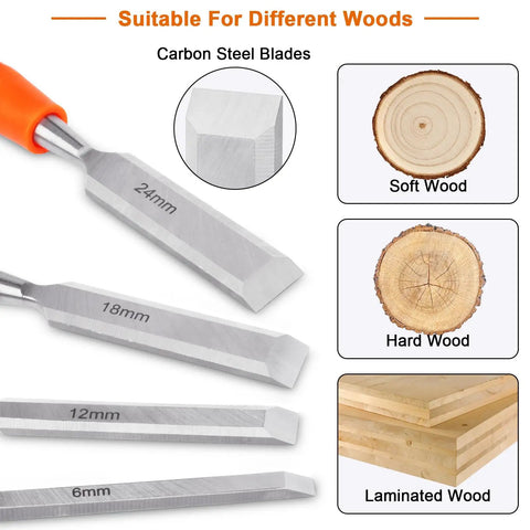 4 Piece Wood Chisel Set With Steel Hammer End And Ergonomic Plastic Handles For Woodworking Includes 6mm 12mm 18mm And 24mm Chisels Pro Grade And Handy For Carving Shaping And Craft Projects showing chisel sizes, carbon steel blades and wood types.