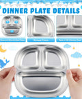 Heavy Hitter 15 Piece Stainless Steel Kids Dinnerware Set With Three Compartment Plates And Spill Proof Cups Bowls Plus Fork Spoon Combo For Toddlers Seeking Zero Stress Mealtimes And Sick Durability, showing a hand holding a divided stainless steel plate.