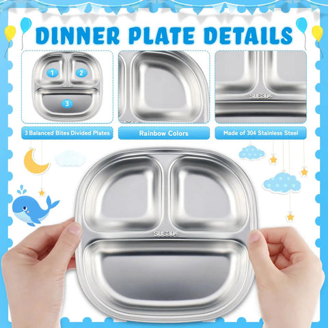 Heavy Hitter 15 Piece Stainless Steel Kids Dinnerware Set With Three Compartment Plates And Spill Proof Cups Bowls Plus Fork Spoon Combo For Toddlers Seeking Zero Stress Mealtimes And Sick Durability, showing a hand holding a divided stainless steel plate.