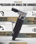 Compact 90 Degree Right Angle Pneumatic Air Die Grinder Hit 12000 RPM showing textured grip sleeve and angled head.