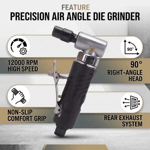 Compact 90 Degree Right Angle Pneumatic Air Die Grinder Hit 12000 RPM showing textured grip sleeve and angled head.