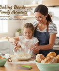 Mother and daughter using Complete Sourdough Starter Kit With 9-Inch Round And 10-Inch Oval Banneton Proofing Baskets Plus 7 Essential Tools For Home Bakers Lame With 5 Blade Guard Bench Scraper Whisk Silicone Spatula Pastry Brush Bread Sling And Bag in kitchen with banneton baskets and fresh bread on counter.