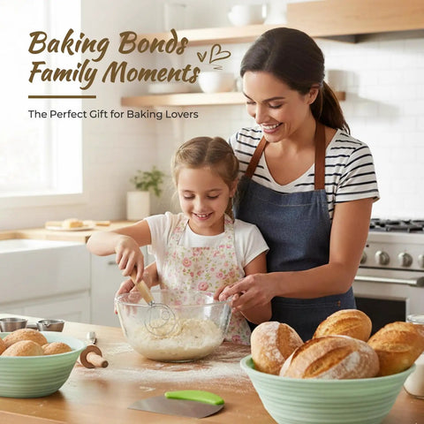 Mother and daughter using Complete Sourdough Starter Kit With 9-Inch Round And 10-Inch Oval Banneton Proofing Baskets Plus 7 Essential Tools For Home Bakers Lame With 5 Blade Guard Bench Scraper Whisk Silicone Spatula Pastry Brush Bread Sling And Bag in kitchen with banneton baskets and fresh bread on counter.