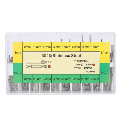 Friction Bar Watch Band Pin Set For Quick Strap Repairs, 304 Stainless Steel 1.2mm Pins, 8 To 27mm Range, 20 Sizes in box display