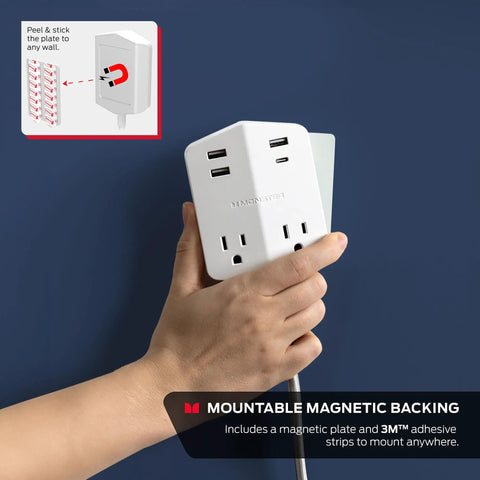 Person holding Power Shield XL Surge Protector With Outlet Extender Four AC Outlets And Two USB A Ports showing magnetic mount.