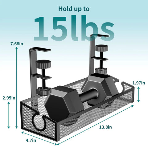 No Drill Desk Cable Tray With Clamp, Under Desk Wire Management Organizer in Black holding weights, dimensions shown, max load 15lbs