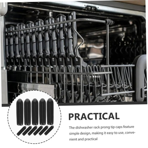 Heavy Duty Dishwasher Rack Prong End Caps 200 Pack Black Plastic Tip Protectors on a dishwasher rack for easy installation.