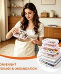 Woman organizing makeup in Six Pack Clear Hard Shell Zipper Pouches Waterproof Crush Resistant Storage Bags for Purse.
