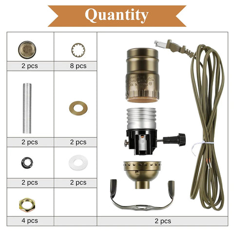 Two Pack Floor Lamp Repair Kit with 12 Foot Cords and 3 Way Socket Copper Plated Hardware Pacifier Gasket Top Cover Lamp
