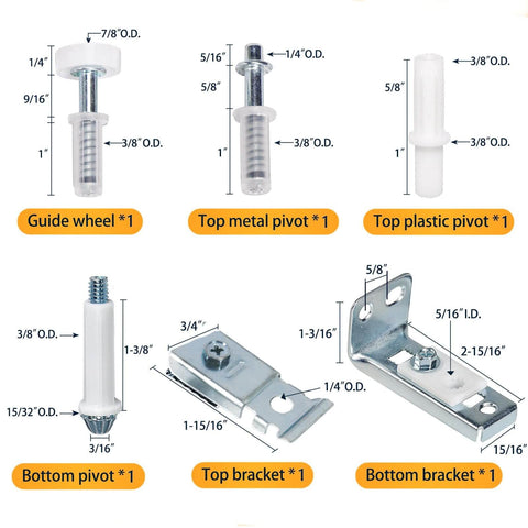 Folding Closet Door Hardware Repair Kit, Easy Install No Fuss Replacement Tool Set With Top And Bottom Brackets, Guide Wheel, Pivots, Pins And Screws, Compatible With Seven Eighths Inch To One Inch Door Tracks, Quick Restore For Old Bifold Doors.