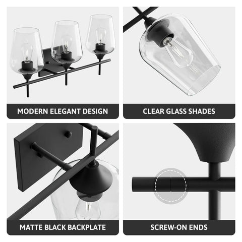 Four-panel image of Three Light Black Vanity Light Over Mirror With Clear Glass Shades Sleek Modern Industrial Bathroom Wall Fixture