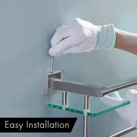 Installing Rustproof Glass Bathroom Shelf With Towel Bar And Rail Heavy Duty SUS304 Stainless Steel Wall Mount In Brushed Finish