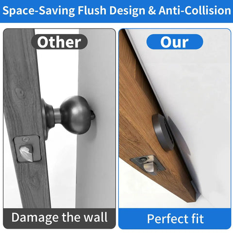 Comparison of a traditional door knob and Round Low Profile Door Knob With Hidden Recessed Cup Lock on a wooden door