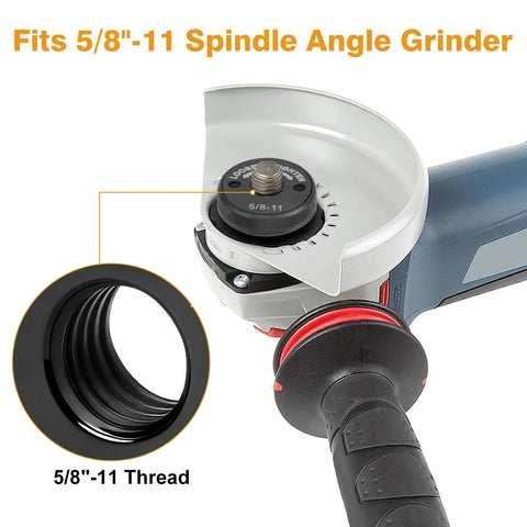 Angle grinder with 5/8-11 Inch Angle Grinder Flange Nut Set - 2 Pack Quick Release Locking Nuts, showing 5/8"-11 thread compatibility.