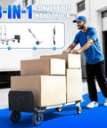 3 In 1 Aluminum Folding Hand Truck Dolly Cart With Wheels Up To 600 Lbs Capacity in use, carrying boxes in warehouse setting