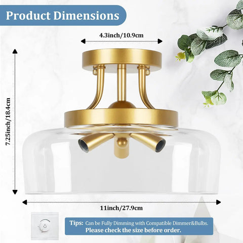 Gold 3 Light Semi Flush Mount Ceiling Light With Drum Glass Shade For Living Room Kitchen Bedroom Hallway Bathroom Laundry E12 Socket Bulbs Not Included, dimensions shown