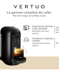 Vertuo Plus Single Serve Coffee And Espresso Maker By Breville In Ink Black With 25 Second Heat Up And Auto Shut Off For Quick One Touch Brews And Rich Flavor Every Morning, showing side view with cup and removable water tank.