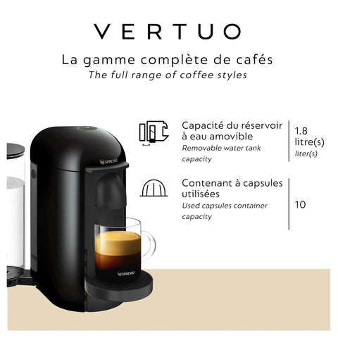 Vertuo Plus Single Serve Coffee And Espresso Maker By Breville In Ink Black With 25 Second Heat Up And Auto Shut Off For Quick One Touch Brews And Rich Flavor Every Morning, showing side view with cup and removable water tank.