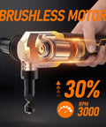 Hand holding Cordless Metal Nibbler Powered By 20V Max Batteries, 18 Gauge Electric Nibbler With Assist Handle, 3000 RPM Brushless Motor.