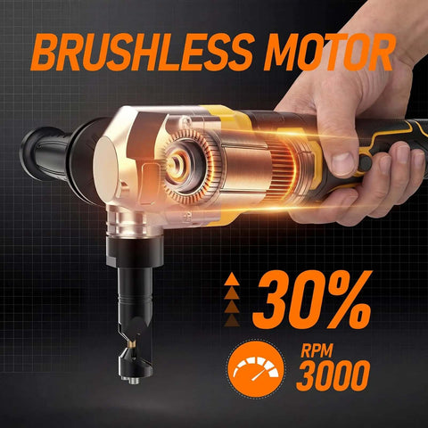 Hand holding Cordless Metal Nibbler Powered By 20V Max Batteries, 18 Gauge Electric Nibbler With Assist Handle, 3000 RPM Brushless Motor.