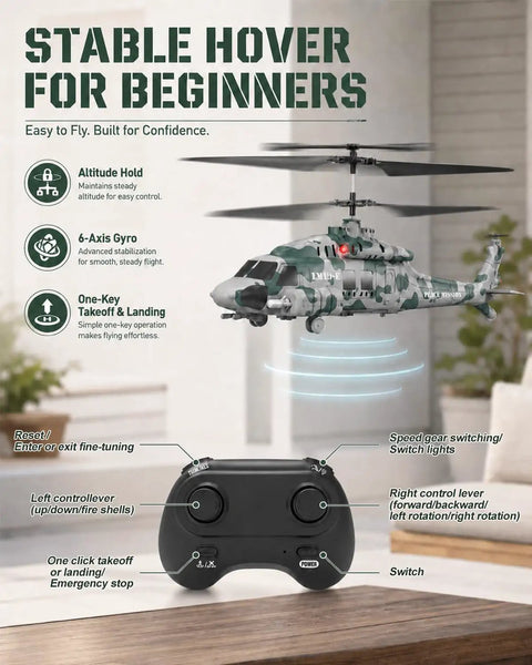 Rugged RC Helicopter With Realistic Military Look hovering indoors, includes control features, 2.4GHz Control, LED Lights
